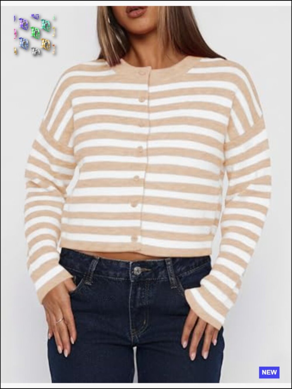 Cropped Cardigan Sweater Crew Neck Long Sleeve Button Up Lightweight Knit - Picture 2 of 6